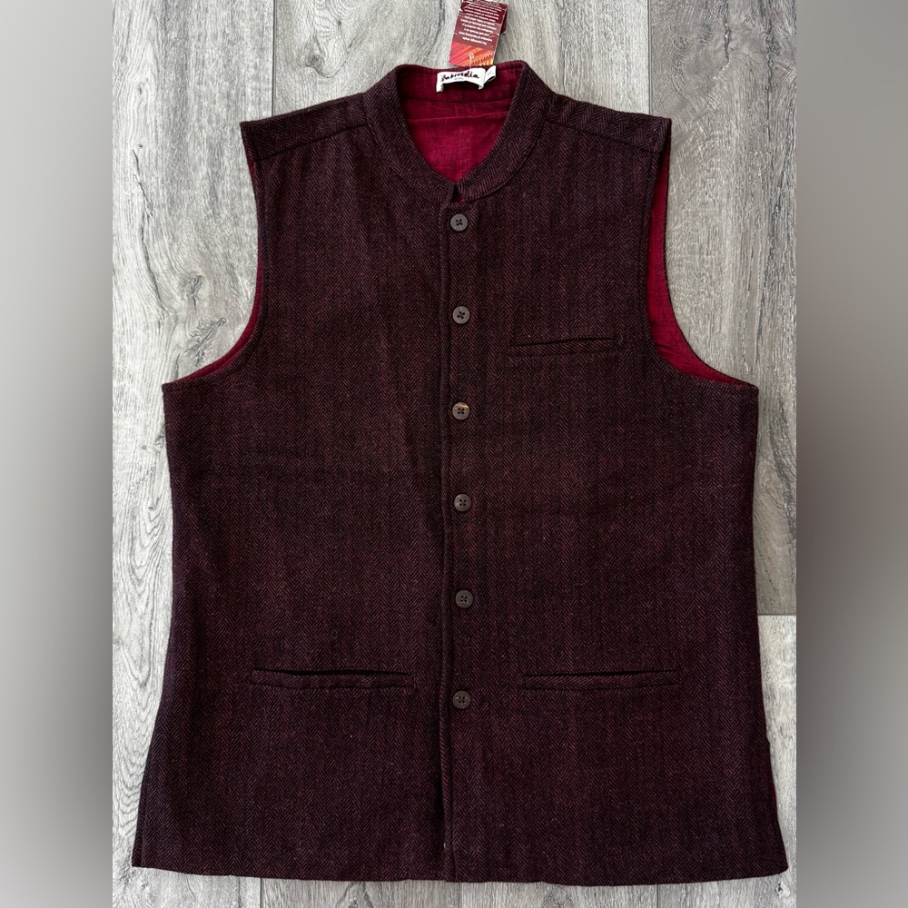 Fabindia Wool Woven Nehru Jacket Vest Maroon Size 40 Lined Chinese Collar NWT